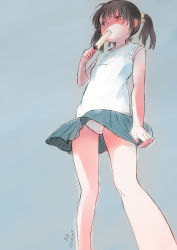  1girl absurdres bare_shoulders black_hair blue_background brown_eyes brown_hair dated eating flat_chest food hair_bobbles hair_ornament highres holding loli manmanww panties pantyshot pleated_skirt ponytail popsicle shirt simple_background sketch skirt sleeveless sleeveless_shirt solo standing thighs twintails underwear upskirt white_panties 