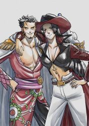  1boy 1girl absurdres arm_around_shoulder belt black_hair blue_eyes boa_hancock boa_hancock_(cosplay) breasts cleavage closed_mouth coat commentary cosplay costume_switch cross cross_pendant dracule_mihawk dracule_mihawk_(cosplay) earrings english_commentary facial_hair hand_on_own_hip hat hat_feather highres jewelry large_breasts long_hair long_sleeves looking_at_viewer manofbeskar medium_breasts midriff mustache navel necklace nipples no_bra one_piece pants pectorals short_hair shoulder_pads skirt smile snake_earrings standing sword very_long_hair weapon white_pants yellow_eyes yoru_(sword) 