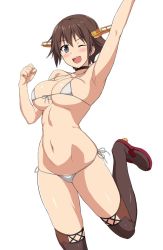 10s 1girl arm_up armpits bikini blush breasts brown_hair choker cleavage clenched_hand eyebrows front-tie_bikini_top front-tie_top grey_eyes headgear hiei_(kancolle) kantai_collection large_breasts leg_up looking_at_viewer micro_bikini navel one_eye_closed open_mouth outstretched_arm sama_samasa shoes short_hair side-tie_bikini_bottom simple_background smile solo swimsuit teeth thighhighs white_background white_bikini rating:Questionable score:44 user:danbooru