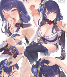 1boy 1girl artist_name black_thighhighs blush breasts bridal_gauntlets censored commentary eliskalti english_commentary fellatio flower genshin_impact hair_flower hair_ornament hand_on_another&#039;s_head handjob hetero highres japanese_clothes kimono large_breasts long_hair looking_at_penis mole mole_under_eye mosaic_censoring multiple_views nail_polish nipples obi oral penis purple_eyes purple_hair purple_kimono purple_nails raiden_shogun saliva sash simple_background thighhighs tongue tongue_out vision_(genshin_impact) white_background rating:Explicit score:314 user:danbooru