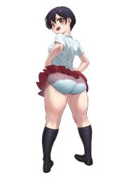  1girl absurdres ass back black_hair blush breasts brown_eyes carbon12th full_body highres kneehighs looking_at_viewer looking_back open_mouth original panties red_skirt shirt short_hair short_sleeves skirt small_breasts smile socks solo underwear white_panties white_shirt 
