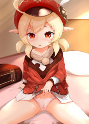  1girl :o ahoge backpack bag bed blonde_hair blush bottomless cabbie_hat collarbone dress genshin_impact hat hat_feather klee_(genshin_impact) lifting_own_clothes loli long_sleeves looking_at_viewer low_twintails medium_hair mikosake on_bed open_mouth panties parted_lips pink_panties pointy_ears red_dress red_eyes red_hat sitting solo spread_legs teeth twintails underwear upper_teeth_only  rating:Questionable score:150 user:danbooru