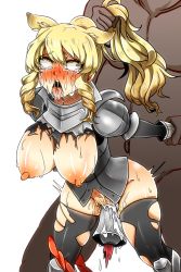 10s 1girl ahegao animal_ears armor blonde_hair blush breasts brown_eyes clothed_female_nude_male clothed_sex cum cumdrip defeat doggystyle drooling female_knight fucked_silly grabbing_another&#039;s_hair highres kemono_friends knight large_breasts long_hair nipples nude object_insertion open_mouth orgasm ponytail rape rhinoceros_ears rolling_eyes sakurai_yuri saliva sex sex_from_behind spread_legs sweat tears tongue tongue_out torn_clothes white_rhinoceros_(kemono_friends) rating:Explicit score:42 user:danbooru
