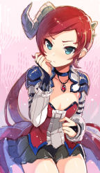  1girl bella_(crusaders_quest) blush breasts crusaders_quest horns long_hair red_hair simple_background single_horn sitting skirt solo tagme thighs  rating:Sensitive score:13 user:po456asd
