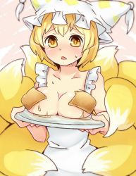 1girl aburaage apron bare_arms blonde_hair breast_rest breasts breasts_on_tray carried_breast_rest carrying food fox_tail hat holding holding_tray ibaraki_natou medium_breasts mob_cap multiple_tails naked_apron open_mouth short_hair solo sweat tail touhou tray upper_body white_apron yakumo_ran yellow_eyes rating:Questionable score:12 user:danbooru