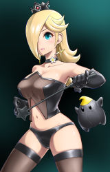  1girl alternate_costume bdsm blonde_hair blue_eyes bondage bondage_outfit bound breasts choker commentary_request crown dominatrix earrings elbow_gloves gloves green_background hair_over_one_eye highres jewelry large_breasts long_hair looking_at_viewer luma_(mario) mario_(series) navel nintendo riding_crop rosalina super_mario_galaxy thighhighs wand zibundazenbu  rating:Questionable score:66 user:danbooru