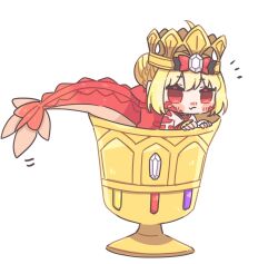  1girl anko_omotimoti blonde_hair blush chibi crown cup dragon_tail fate/grand_order fate_(series) highres holy_grail_(fate) in_container in_cup nero_claudius_(fate) nero_claudius_(fate)_(all) queen_draco_(fate) queen_draco_(second_ascension)_(fate) red_eyes simple_background solo tail white_background  rating:General score:3 user:danbooru