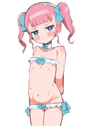 1girl absurdres arms_behind_back bikini blue_bow blue_eyes blush bow character_request choker copyright_request female_focus frilled_bikini frilled_choker frills hair_bow highres jitome loli looking_at_viewer lowleg navel pink_hair simple_background solo swimsuit toranoe upper_body white_background rating:Questionable score:171 user:ponekad