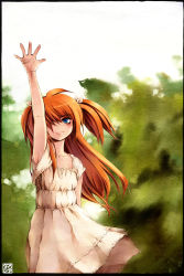 1girl armpits blue_eyes buttons dress hair_over_one_eye hair_ribbon highres long_hair messiah_cage orange_hair original outstretched_arm ribbon short_twintails sky solo tree twintails two_side_up waving rating:Sensitive score:4 user:danbooru
