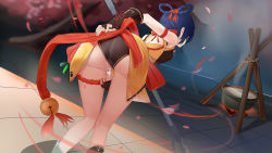 1girl ass bare_shoulders bell black_gloves blue_hair blurry blurry_background braid breasts censored cherry_blossoms china_dress chinese_clothes collecting_pussy_juice dress facing_away fingerless_gloves genshin_impact gloves hair_ornament hair_rings hand_up highres holding mosaic_censoring pussy pussy_juice short_hair sleeveless sleeveless_dress solo tagme thighhighs xiangling_(genshin_impact) xila_qian_tang_shi rating:Explicit score:150 user:danbooru