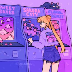  1girl arcade arcade_cabinet arcade_stick bishoujo_senshi_sailor_moon blonde_hair blue_cat blue_eyes cherry_blossoms controller cowboy_shot crescent crescent_earrings crescent_facial_mark crescent_moon dangle_earrings double_bun earrings emily_kim english_text facial_mark floral_print flower forehead_mark game_controller gradient_sky hair_bun highres jacket jewelry joystick luna_(sailor_moon) moon peony_(flower) peony_print pink_flower pink_sky purple_background purple_flower purple_jacket purple_shorts purple_sky purple_theme shorts sky skyline smile solo sparkle tsukino_usagi twintails twitter_username video_game whorled_clouds 