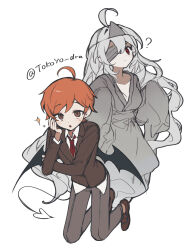  1boy 1girl :o ? ahoge alternate_costume artist_name bandage_over_one_eye black_wings blazer breasts brown_eyes brown_footwear brown_jacket brown_sleeves closed_mouth collared_jacket collared_shirt danganronpa_(series) demon_tail demon_wings expressionless ghost_costume grey_kimono grey_pants grey_sleeves hand_on_own_arm hand_on_own_cheek hand_on_own_face highres jacket japanese_clothes kimono kneeling lapels layered_sleeves loafers long_hair long_sleeves maeda_yuki medium_breasts necktie notched_lapels open_mouth orange_hair pants red_eyes red_necktie shirt shoes short_hair simple_background sleeves_past_fingers sleeves_past_wrists sora_(super_danganronpa_another_2) sparkle super_danganronpa_another_2 tail triangular_headpiece uyu_(pixiv_92484260) very_long_hair wavy_hair white_background white_hair white_shirt white_tail wide_sleeves wings 