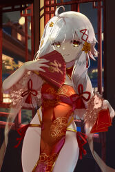  1girl absurdres ahoge architecture breasts china_dress chinese_clothes chinese_new_year closed_mouth commentary_request covered_navel cowboy_shot dress east_asian_architecture flower folding_fan fu_ji fur_scarf gold_trim hair_flower hair_ornament hand_fan highres holding holding_fan hongbao honoryukun incoming_gift lattice long_hair looking_at_viewer mahjong_soul medium_bangs medium_breasts night pelvic_curtain red_dress sleeveless sleeveless_dress smile solo white_hair yellow_eyes yellow_flower 