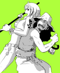  1boy 1girl back-to-back color_background green_background green_theme hat kyakya nami_(one_piece) one_piece spot_color suspenders tattoo usopp weapon  rating:Sensitive score:13 user:nrt
