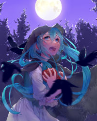 1girl apple aqua_eyes aqua_hair artist_name bird black_bird cloak collar crying crying_with_eyes_open despair empty_eyes eve_moonlit evillious_nendaiki eyelashes fangs food forest frilled_collar frilled_sleeves frills fruit full_moon glowing glowing_eyes hair_ribbon highres holding holding_food holding_fruit hood hooded_cloak kureihii messy_hair moon moonlit_bear_(vocaloid) motion_blur nature night night_sky open_mouth red_eyes ribbon scared signature silhouette sky solo tears tree twintails vocaloid white_ribbon rating:Sensitive score:4 user:danbooru
