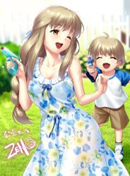  1boy 1girl ;d ^_^ absurdres aged_up ahoge bare_arms blue_dress blue_ribbon blurry blurry_background blush braid braided_ponytail breasts child cleavage closed_eyes collarbone commentary commission day dress facing_another feet_out_of_frame floral_print floral_print_dress grass hair_between_eyes hair_ribbon half_updo hands_up happy highres holding holding_water_gun kanon kurata_sayuri large_breasts light_brown_hair long_dress long_hair low_ponytail mother_and_son one_eye_closed open_mouth outdoors red_eyes ribbon second-party_source short_hair sidelocks skeb_commission sleeveless sleeveless_dress smile standing v-shaped_eyebrows very_long_hair water water_gun wet white_ribbon zen_(kamuro) 