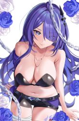 1girl acheron_(honkai:_star_rail) adapted_costume alternate_costume armpit_crease bandaged_leg bandages bare_shoulders belt black_belt black_bra black_shorts blue_flower blue_rose bra breasts chain cleavage commentary eyes_visible_through_hair flower hair_ornament hair_over_one_eye highres honkai:_star_rail honkai_(series) jewelry knees_out_of_frame large_breasts leg_tattoo looking_at_viewer midriff multicolored_hair nail_polish navel necklace purple_eyes purple_hair purple_nails rose short_shorts shorts smile solo streaked_hair tattoo thighs underwear white_background white_flower white_rose y_osu