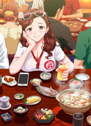  1boy 2girls breast_rest breasts breasts_on_table cleavage cup drinking_glass eyewear_on_head fish food head_rest large_breasts looking_at_viewer multiple_girls omelet original plate purple_eyes saida_kazuaki shirt smile solo_focus sunglasses tamagoyaki taut_clothes taut_shirt wavy_hair 