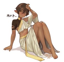  1boy arm_support arm_tattoo bare_legs blush brown_hair dark-skinned_male dark_skin elf full_body highres legs male_focus original parted_lips pointy_ears short_hair simple_background sitting solo sweat tattoo toxxy trap white_background  rating:Sensitive score:180 user:danbooru
