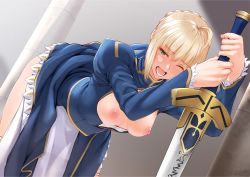 1girl ahoge artoria_pendragon_(all) artoria_pendragon_(fate) bent_over blonde_hair blush braid breasts breasts_out clothes_lift dress dress_lift excalibur_(fate/stay_night) fate/stay_night fate_(series) green_eyes hetero long_sword medium_breasts nanahime nipples one_eye_closed open_mouth panties panty_pull planted planted_sword planted_weapon saber_(fate) sidelocks solo sword tears underwear weapon white_panties rating:Questionable score:48 user:danbooru