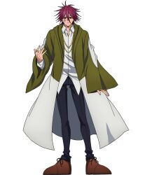 1boy brown_footwear carpaccio_luo-yang collared_shirt facial_mark full_body highres jewelry long_sleeves male_focus mashle necktie official_art red_hair ring robe shirt solo spiked_hair tachi-e white_shirt wide_sleeves