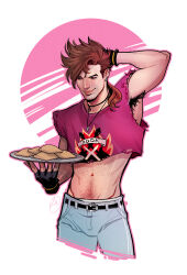  1boy absurdres arm_behind_back armpit_hair armpits beignets body_hair cowboy_shot denim fingerless_gloves gambit gloves hairy highres jeans long_hair lukas_werneck male_focus marvel midriff muscular muscular_male pants pectorals portuguese_commentary red_hair simple_background solo tray x-men x-men:_the_animated_series x-men_&#039;97  rating:Sensitive score:5 user:danbooru