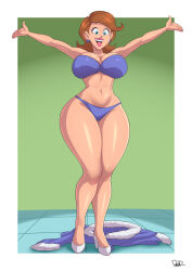  1girl absurdres arms_up artist_name bikini blue_bikini blue_eyes border breasts brown_hair cleavage curvy derivative_work earrings full_body happy highres jewelry large_breasts mature_female medium_hair narrow_waist parvad screenshot_redraw shiny_skin signature simple_background smile solo swimsuit teresa_turner the_fairly_oddparents thick_thighs thighs white_border wide_hips  rating:Questionable score:66 user:Popote