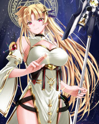  1girl bardiche_(javelin_form)_(nanoha) bardiche_(nanoha) breasts brown_hair cleavage_cutout clothing_cutout commentary_request detached_sleeves dress fate_testarossa groin hair_ornament highres holding holding_polearm holding_weapon large_breasts long_hair lyrical_nanoha magic_circle polearm raising_heart red_eyes schwertkreuz schwertkreuz_(standby_form) side_slit single_detached_sleeve solo sougetsu_izuki underbust weapon 