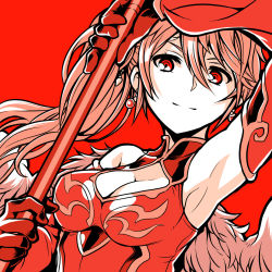  1girl armpits bare_shoulders breasts china_dress chinese_clothes cleavage cleavage_cutout clothing_cutout dress earrings feathered_wings highres ishiyumi jewelry leilan_(p&amp;d) leiran_(p&amp;d) long_hair polearm puzzle_&amp;_dragons red_eyes red_hair red_theme side_ponytail solo spear weapon wings 