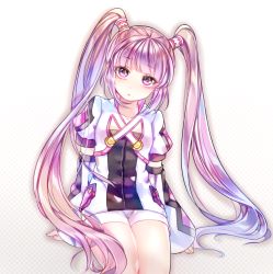 1girl collarbone detached_sleeves gradient_background hair_tubes head_tilt here_(artist) long_hair looking_at_viewer official_alternate_costume parted_lips puffy_short_sleeves puffy_sleeves purple_eyes purple_hair short_shorts short_sleeves shorts sitting sleeves_past_wrists solo sophie_(tales) tales_of_(series) tales_of_graces twintails very_long_hair white_shorts rating:Sensitive score:5 user:danbooru