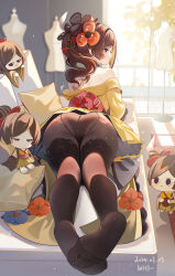  1girl ass bare_shoulders brown_eyes brown_hair brown_pantyhose character_doll chiori_(genshin_impact) commentary_request dated genshin_impact haori highres indoors japanese_clothes long_hair lying mannequin miaogujun no_shoes off_shoulder on_stomach pantyhose ponytail profile short_sleeves skirt tamoto_(genshin_impact) thighs yellow_skirt  rating:Sensitive score:25 user:danbooru
