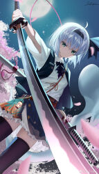  1girl absurdres black_thighhighs cherry_blossoms chinese_commentary closed_mouth collared_shirt commentary_request expressionless falling_petals full_moon green_eyes highres hitodama holding holding_sword holding_weapon katana konpaku_youmu konpaku_youmu_(ghost) medium_hair moon multiple_swords night night_sky petals pink_petals sayako sheath sheathed shirt sky solo sword thighhighs touhou unsheathed weapon weibo_watermark white_hair white_shirt 