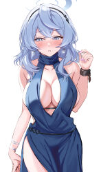  1girl absurdres ako_(blue_archive) ako_(dress)_(blue_archive) bare_shoulders blue_archive blue_dress blue_eyes blue_hair blush bracelet breasts chain cleavage cuffs dress earrings hair_between_eyes hairband halo highres jewelry kurokin large_breasts looking_to_the_side medium_hair official_alternate_costume shackles sideboob solo 