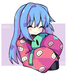  1girl :3 absurdres bee_sempai blue_hair blush closed_eyes closed_mouth hair_between_eyes happy highres holding hugging_object japanese_clothes kanon keropii long_hair minase_nayuki pajamas patterned_clothing solo stuffed_animal stuffed_frog stuffed_toy 