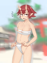  1girl adjusting_fundoshi asha blurry blurry_background breasts commentary_request cowboy_shot expressionless fangs fundoshi gluteal_fold highres horns japanese_clothes looking_at_viewer lower_teeth_only medium_bangs navel nipple_slip nipples notice_lines open_mouth original pointy_ears pussy red_eyes red_hair sarashi short_hair skin-covered_horns small_breasts solo teeth torii uncensored wardrobe_malfunction 