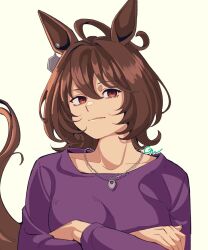  1girl agnes_tachyon_(umamusume) ahoge animal_ears brown_hair chemical_structure closed_mouth commentary_request crossed_arms earrings gaman hair_between_eyes horse_ears horse_girl jewelry long_sleeves looking_at_viewer messy_hair necklace official_alternate_costume purple_sweater short_hair signature simple_background single_earring solo sweater umamusume upper_body white_background 