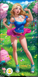 absurdres accidental_exposure aqua_footwear aqua_panties aroma_sensei backpack bag bare_shoulders belt blonde_hair blue_eyes blue_shirt blush bow bow_panties breasts camisole cleavage collarbone contrapposto emoji english_text forehead forest frilled_shirt frills full_body grass haley_(stardew_valley) hands_up harvey_(stardew_valley) high_tops highres jewelry large_breasts long_hair looking_down maru_(stardew_valley) midriff_peek miniskirt mole mole_on_breast nature necklace open_mouth outdoors panties pantyshot parted_hair penny_(stardew_valley) petals pink_skirt shirt shoes skirt sneakers socks solo_focus speech_bubble standing star_(symbol) stardew_valley surprised underwear wavy_hair white_socks wind wind_lift rating:Sensitive score:182 user:danbooru