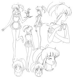 1990s_(style) 1girl bare_legs bishoujo_senshi_sailor_moon bishoujo_senshi_sailor_moon_r bow character_sheet closed_mouth dress full_body furuhata_unazuki hair_bow holding holding_tray long_hair looking_at_viewer miniskirt monochrome official_art one_eye_closed open_mouth retro_artstyle short_dress short_hair skirt smile solo standing standing_on_one_leg toei_animation tray waitress white_background wink