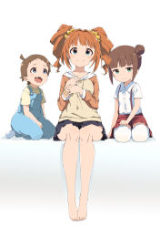  1boy 2girls barefoot black_skirt blue_eyes blue_overalls breasts brother_and_sister brown_hair closed_mouth collarbone dot_nose double_bun flat_chest full_body green_eyes hair_bun hair_ornament hair_scrunchie hands_up highres hood hood_down idolmaster idolmaster_(classic) idolmaster_million_live! idolmaster_million_live!_theater_days long_hair long_sleeves looking_at_another looking_at_viewer multiple_bracelets multiple_girls overalls pleated_skirt rauto red_skirt scrunchie seiza shirt short_sleeves siblings simple_background sisters sitting skirt small_breasts smile socks suspender_skirt suspenders takatsuki_kasumi takatsuki_yayoi thighhighs twintails two-tone_hoodie white_background white_shirt white_socks white_thighhighs yellow_scrunchie yellow_shirt 