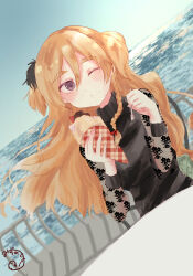  1girl absurdres black_sweater blonde_hair braid brown_eyes crepe dutch_angle food french_braid highres horizon kantai_collection long_hair looking_at_viewer mizunototori ocean official_alternate_costume one-hour_drawing_challenge one_eye_closed railing solo sweater upper_body wavy_hair zara_(kancolle) zara_due_(kancolle) 