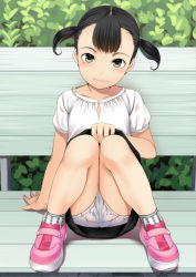  1girl arm_support bench black_eyes blush cameltoe flat_chest loli looking_at_viewer original panties pantyshot shoes short_hair short_twintails sitting skirt smile sody solo twintails underwear upskirt white_panties  rating:Questionable score:152 user:danbooru