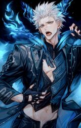  1boy bishounen blood blue_coat blue_eyes coat cowboy_shot demon_boy demon_horns devil_may_cry_(series) devil_may_cry_5 fangs fingerless_gloves gloves hair_slicked_back highres holding horns lolvivianli looking_at_viewer male_focus navel open_clothes open_mouth pants scar spiked_hair vergil_(devil_may_cry) white_hair 