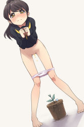 1girl bad_id bad_pixiv_id barefoot black_hoodie blush bottomless brown_hair character_request clenched_hands clothes_pull collarbone copyright_request dot_nose dutch_angle embarrassed female_focus flower from_above full_body hayyan highres hood hood_down hoodie leaning_forward long_hair looking_at_viewer looking_up multicolored_clothes multicolored_hoodie panties panty_pull pee peeing plant ponytail potted_plant puddle pussy simple_background solo standing toes uncensored underwear underwear_pull white_background white_panties yellow_eyes rating:Explicit score:132 user:Gaudy