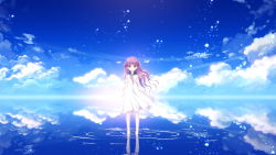 1girl cloud dress female_focus full_body game_cg grey_eyes highres katou_umi light_particles looking_at_viewer pink_hair reflecting_pool reflection reflective_water ripples sailor_collar sailor_dress sky smile solo sparkle summer_pockets water  rating:Sensitive score:2 user:shitpostmeister