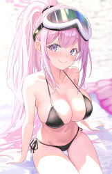  1girl absurdres bikini black_bikini blue_archive blurry blurry_background breasts closed_mouth collarbone eimi_(blue_archive) eimi_(swimsuit)_(blue_archive) gisi_(gicgic_draw) goggles goggles_on_head halo highres large_breasts long_hair looking_at_viewer navel official_alternate_costume pink_eyes pink_halo ponytail side-tie_bikini_bottom ski_goggles smile solo swimsuit thighs 
