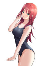  &gt;:) 1girl absurdres aqua_eyes armpit_crease bang_dream! bare_arms bare_shoulders black_one-piece_swimsuit blush breasts closed_mouth collarbone commentary_request cowboy_shot from_side groin hair_between_eyes hand_up highres holding holding_own_hair large_breasts long_hair looking_at_viewer looking_to_the_side one-piece_swimsuit ptal red_eyes school_swimsuit sidelocks simple_background smile solo standing swimsuit thighs udagawa_tomoe v-shaped_eyebrows water_drop wet wet_clothes wet_hair wet_swimsuit white_background  rating:Sensitive score:14 user:danbooru