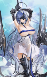  1girl absurdres alsace_(azur_lane) armored_legwear armpits arms_up azur_lane bare_shoulders between_breasts black_gloves black_thighhighs black_tiara blue_hair breast_strap breastless_clothes breasts chinese_commentary cleavage collarbone commentary_request covered_navel detached_collar dress elbow_gloves flantia gauntlets gloves hair_ornament halo halo_behind_head highres holding holding_staff large_breasts long_hair mask parted_bangs parted_lips ribbon rigging see-through see-through_dress sidelocks smile solo staff standing strap_between_breasts thighhighs tiara underbust very_long_hair white_dress zettai_ryouiki 