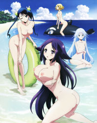  4girls absurdres aqua_eyes arm_support ass barefoot beach blonde_hair blue_hair blush breast_hold breasts choker cloud crossed_arms feet female_focus flat_chest forest green_eyes hair_ornament hand_on_own_knee hibachi_(mushibugyou) highres holding_own_arm inflatable_orca inflatable_toy inflatable_whale innertube kneeling kuroageha_(mushibugyou) large_breasts leaning_forward legs long_hair looking_at_viewer looking_back mitsuki_(mushibugyou) multiple_girls mushibugyou nature nipples nude nude_filter ocean oharu_(mushibugyou) one_eye_closed open_mouth outdoors partially_submerged purple_hair red_eyes short_hair silver_hair sitting sky smile standing swim_ring thighs third-party_edit toes twintails wading water whale wink yamashita_yoshimitsu yokozuwari  rating:Questionable score:71 user:sytalidis