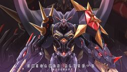  a-pose absurdres arm_blade arm_cannon armor artist_name black_cape black_skin cape character_name chest_jewel colored_skin dark_background digimon energy_gun glowing glowing_eyes gradient_background gun handgun highres horns multiple_heads neon_trim omegamon_alter-b red_eyes revolver robot sawadafy shield shoulder_armor solo spikes weapon zoom_layer 