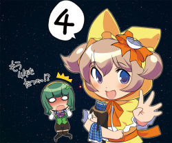  ^^^ 3girls :d black_legwear blue_eyes bow brown_hair carrying commentary_request dei_shirou glasses green_hair hair_bow hair_ribbon hairband hands_on_own_cheeks hands_on_own_face hayabusa_(spacecraft) headgear hood long_hair looking_at_viewer minerva_(spacecraft) multiple_girls o_o open_mouth original ribbon sagami_(dei_shirou) short_hair sky smile star_(sky) starry_sky surprised thighhighs translation_request twintails zettai_ryouiki 